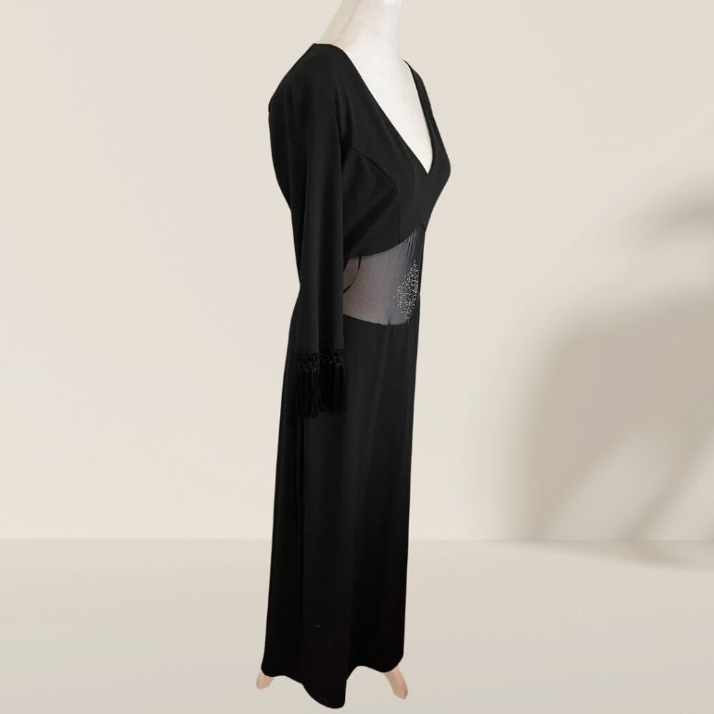 Vintage CDC Elegant Black Evening Gown with Sheer Mesh Panel & Fringe Sleeve - Picture 2 of 9